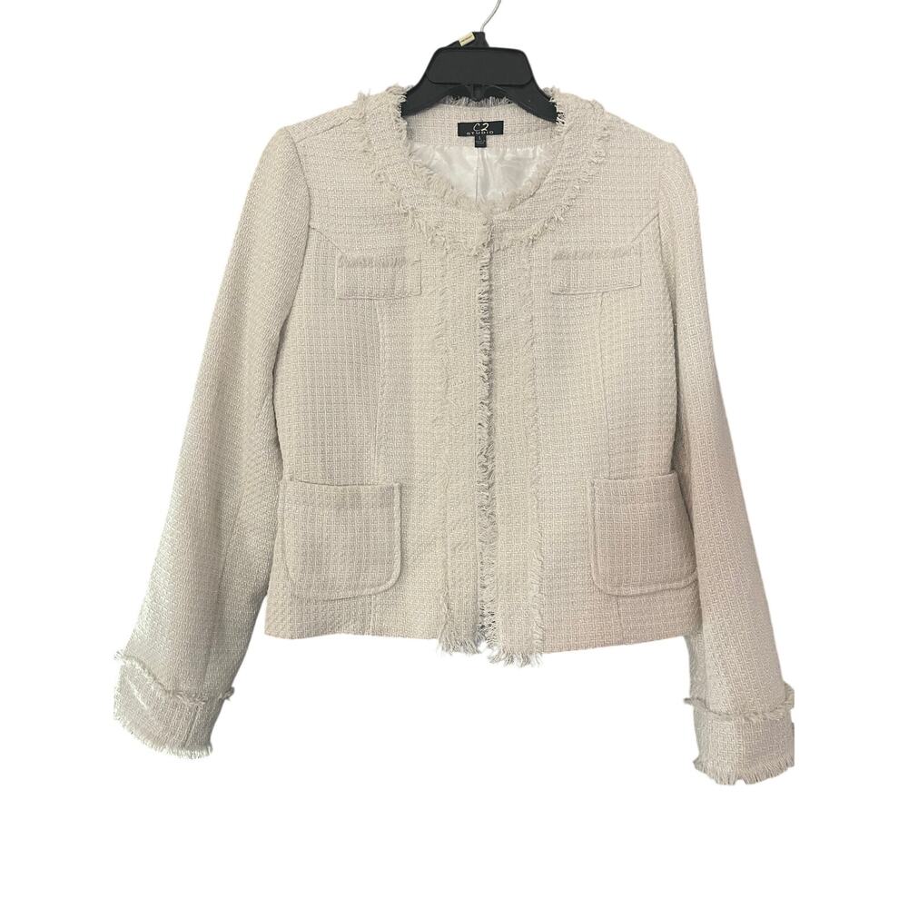 C2 Studio Ivory Tweed Fringe Jacket Blazer L Metallic Thread Pocket Detail